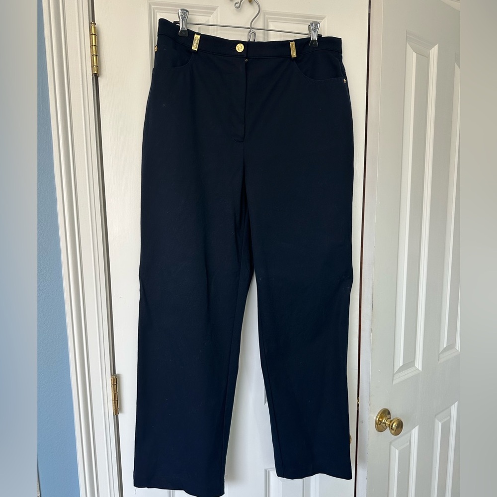 St. John Sport Navy Straight-Leg Pants with Gold Accents